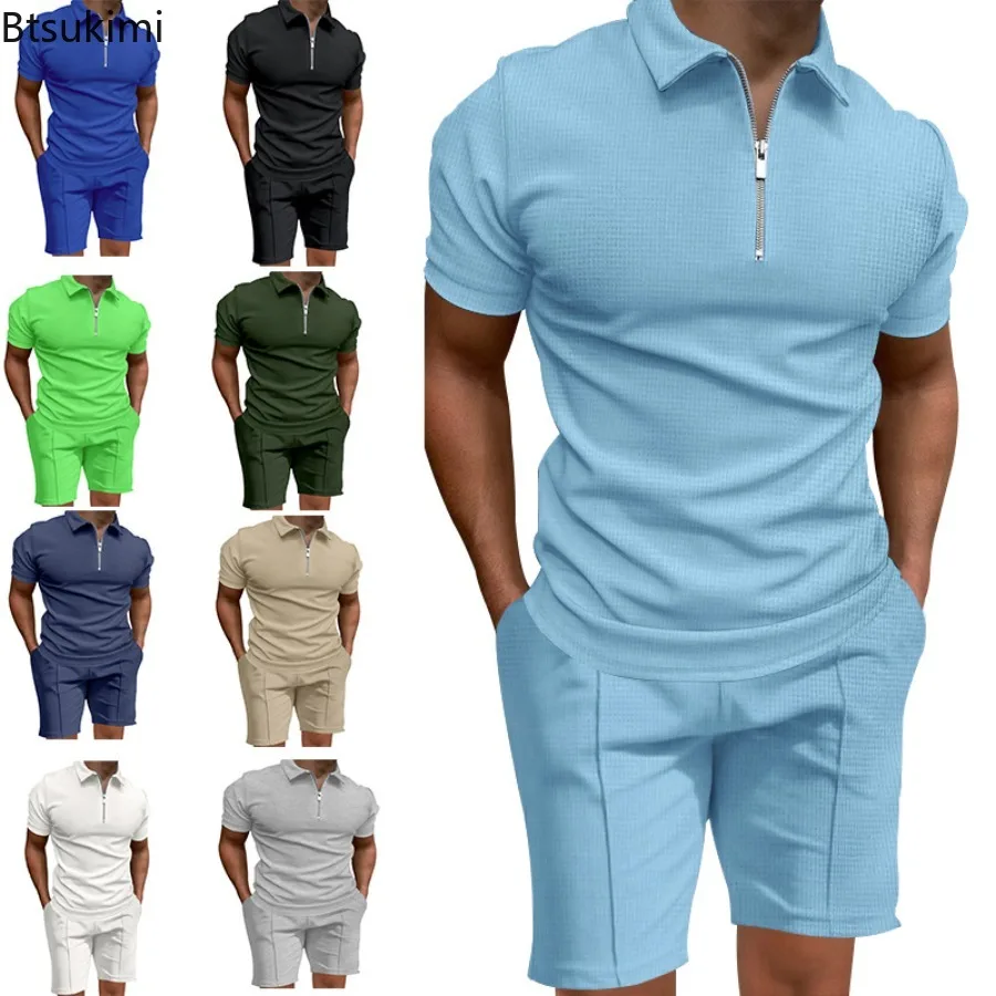 

Summer Men's Polo Shirt Set Solid Color Waffle Short Sleeve Slim Lapel T-shirt Casual Men's Set Comfortable Breathable Garment