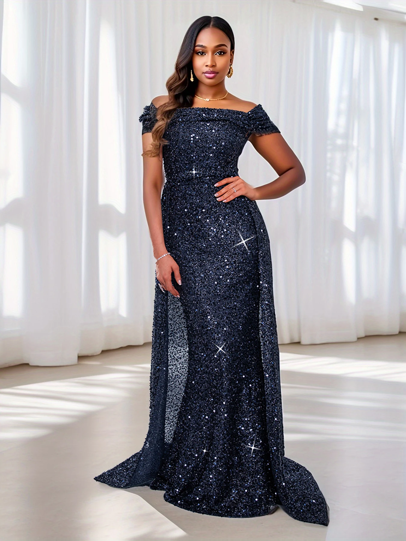 Off Shoulder Ruched Sequined Elegant Prom Gown Sleeveless Navy Green Evening Dress Floor Length