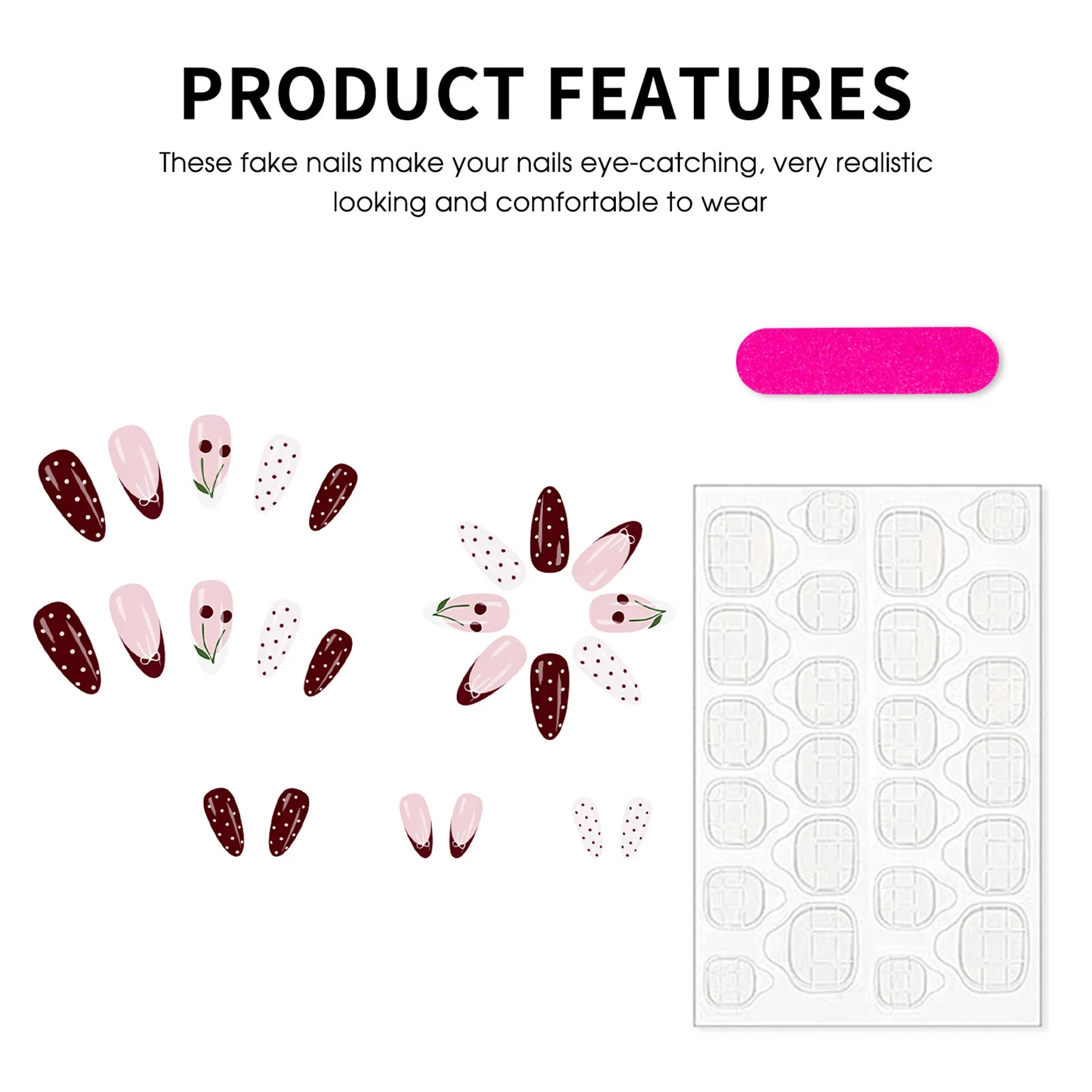 Faux ongles en forme d'amande rouge vin, 24 pièces, avec motifs à pois/nœud papillon/cerise, à pression française, pour femmes et filles, manucure à breloques du nouvel an