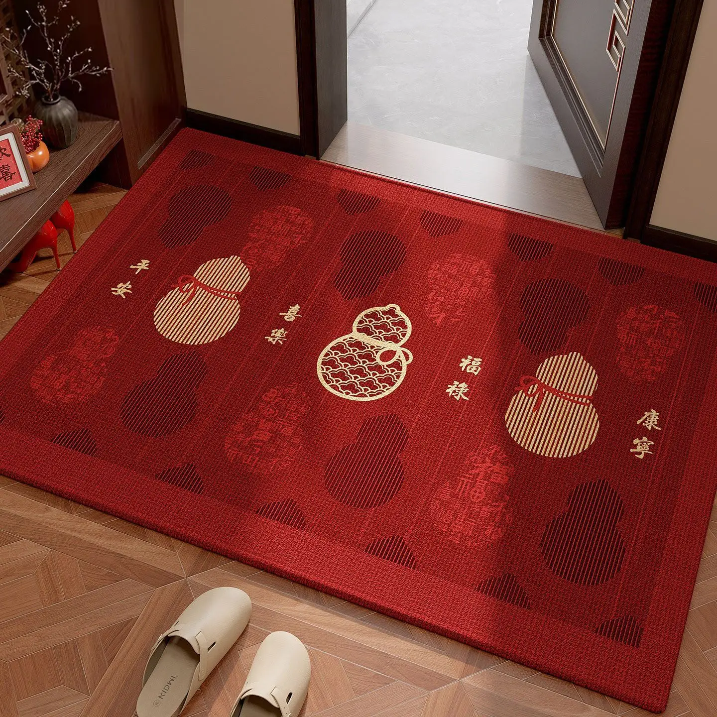 赤い玄関ドアマットひょうたん型滑り止め耐摩耗性吸水性ホームドアマットお祝い汚れ防止家庭用玄関敷物
