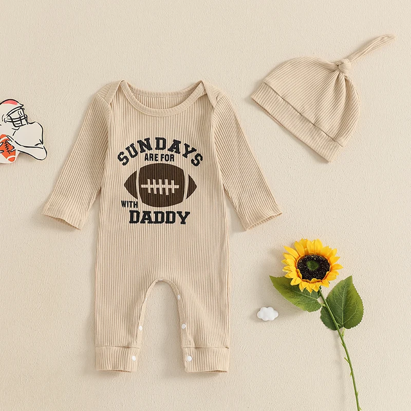 Baby Boy Ribbed Romper Casual Rugby Letter Print Long Sleeve Jumpsuit with Hat for Infant Toddler Fall Outfit