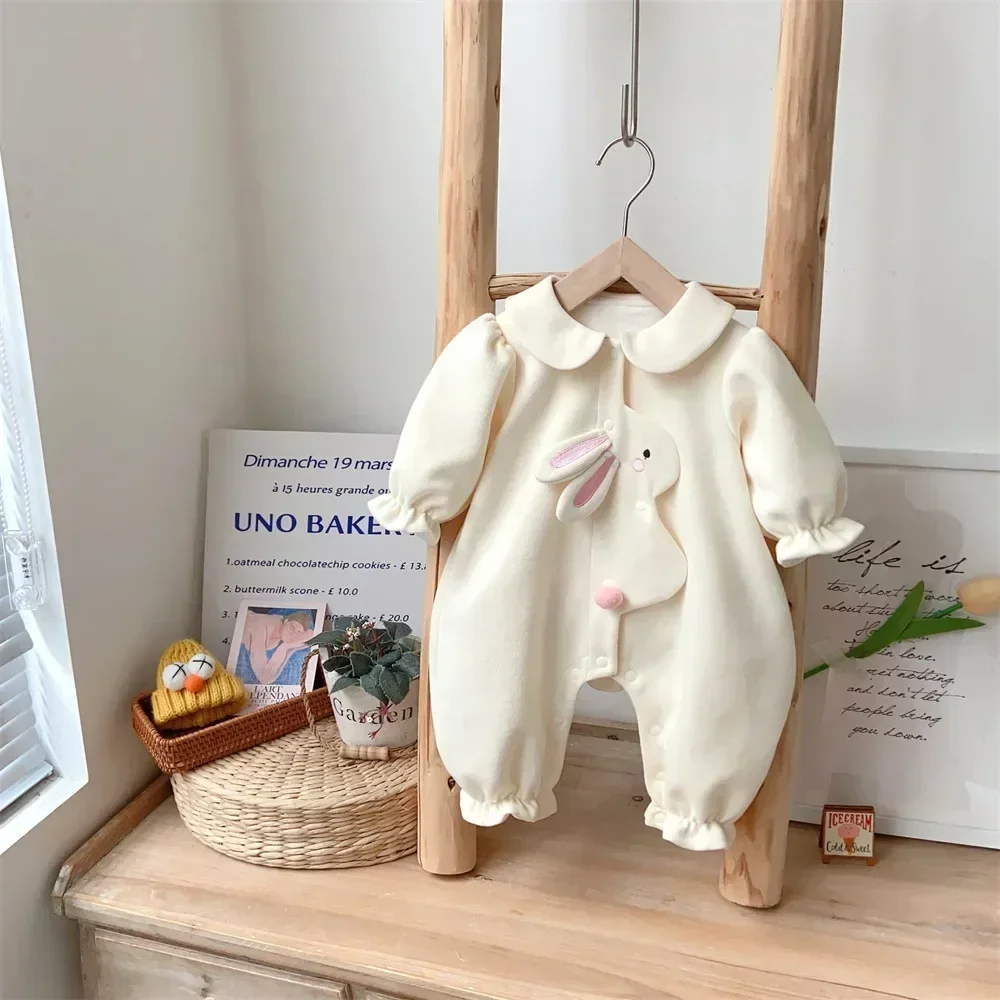 Newborn Baby Fall Outfit: Cute Bunny Long Sleeve Romper -  Cozy Infant Girls One-Piece Jumpsuit 0-24M