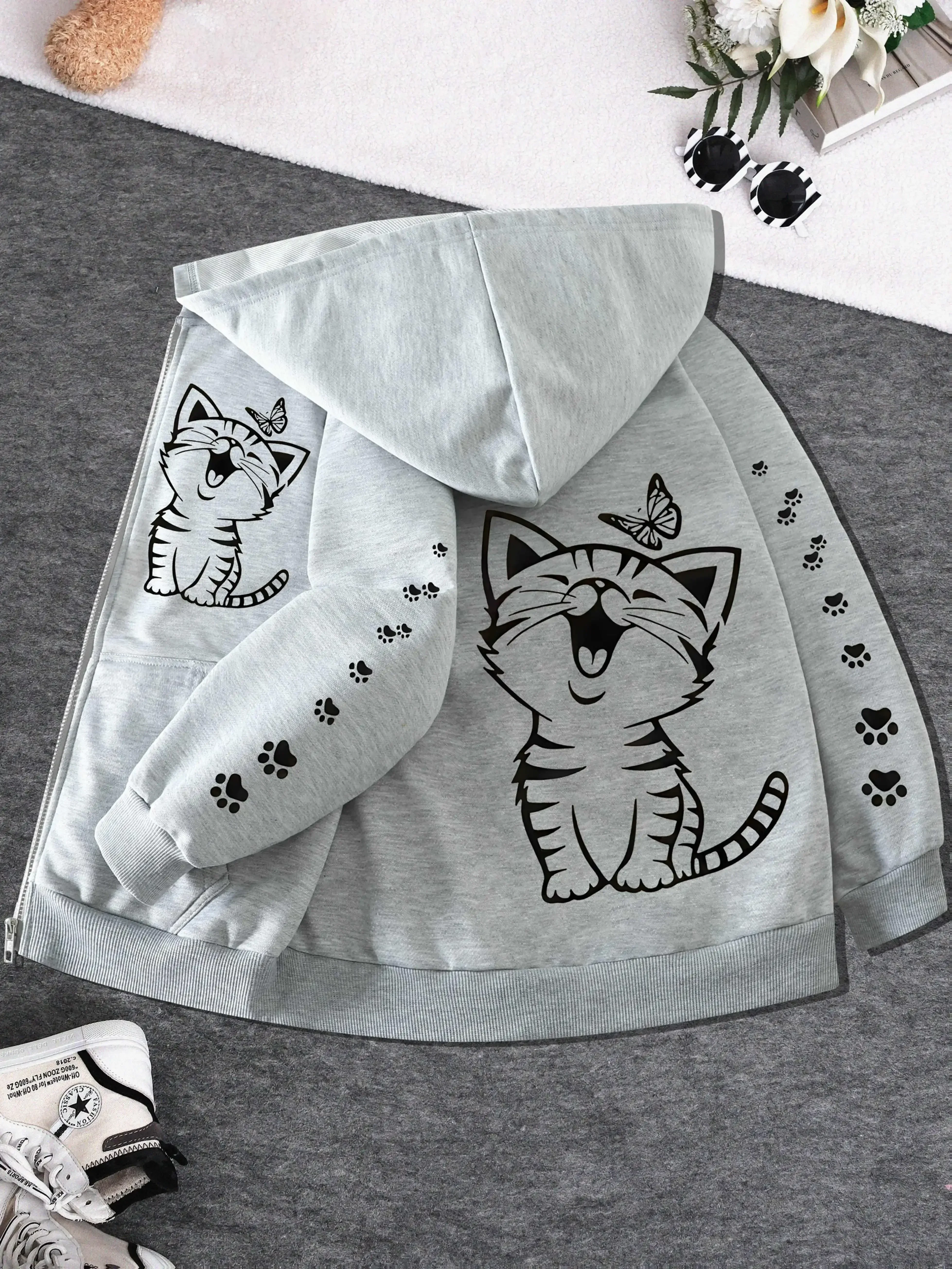 Kids Cute Kitten Butterfly Paw Print Zip Up Hoodie Loose Long Sleeve Hooded Jacket Casual Lovely Outerwear For Boys Girls