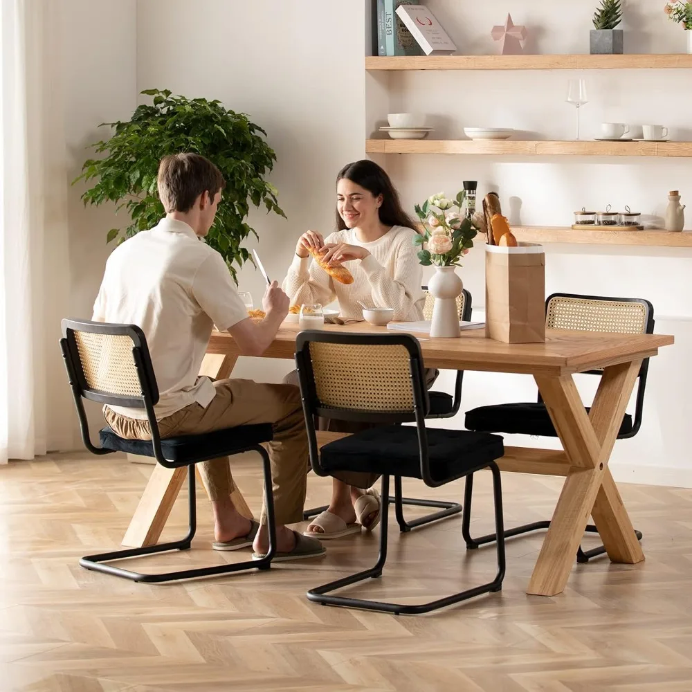 Velvet Rattan Dining Room Kitchen Side Chairs with Upholstered Seat and Metal Chrome Legs for Home.