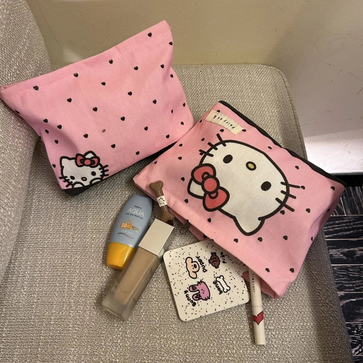 Hello Kitty Anime Figures Cartoon Pink Cosmetic Bag Portable Canvas Travel Sundries Storage Bag Large Coin Purse Gift for Girl
