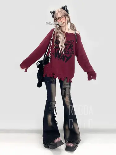 REDDACHiC Low Waist Cargo Jeans Women Distressed Buckle Belt Bootcut Denim Pants Tall Girl Long Trousers Retro Grunge Streetwear - Image 6