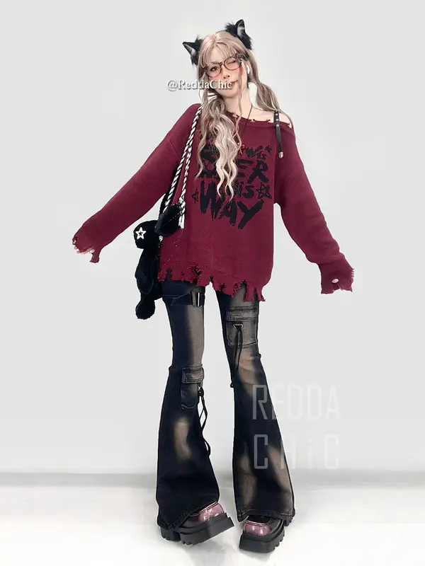 REDDACHiC Low Waist Cargo Jeans Women Distressed Buckle Belt Bootcut Denim Pants Tall Girl Long Trousers Retro Grunge Streetwear - Image 6