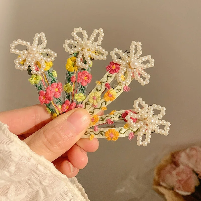 2pcs/set Chinese Style Embroidery Hair Clips Large Flower Shaped Pearl Bang Side Clips Sweet Korean Barrettes For Summer
