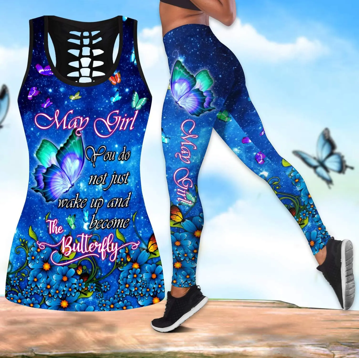 PLstar Cosmos Butterfly Flowers 3D Print Hollow Tank Top And Leggings Set for Women Full Length Fitness Yoga Running Pants KBX06