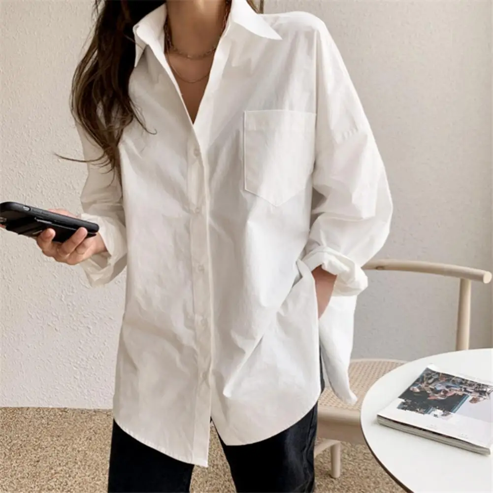 Long-sleeve Lapel Shirt Stylish Women's Button-up Shirt with Long Sleeve Patch Pockets Versatile Solid Color Workwear for Casual