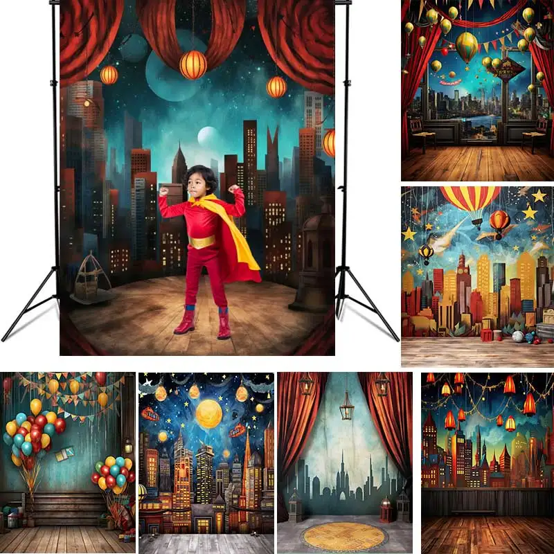 3D Superheros Backdrops Big Family Celebrating Photography Buildings Balloons Backgrounds For Photo Shoot Studio