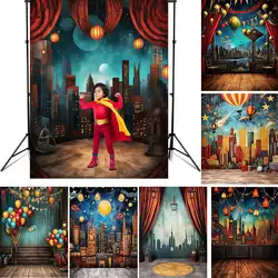 3D Superheros Backdrops Big Family Celebrating Photography Buildings Balloons Backgrounds For Photo Shoot Studio