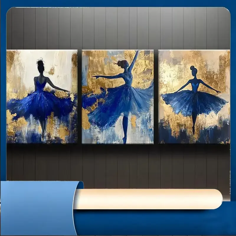 Frameless 3pcs Ballerina, blue, gold, abstract. - Modern abstract wall decor suitable for living room, office, cafe aesthetic