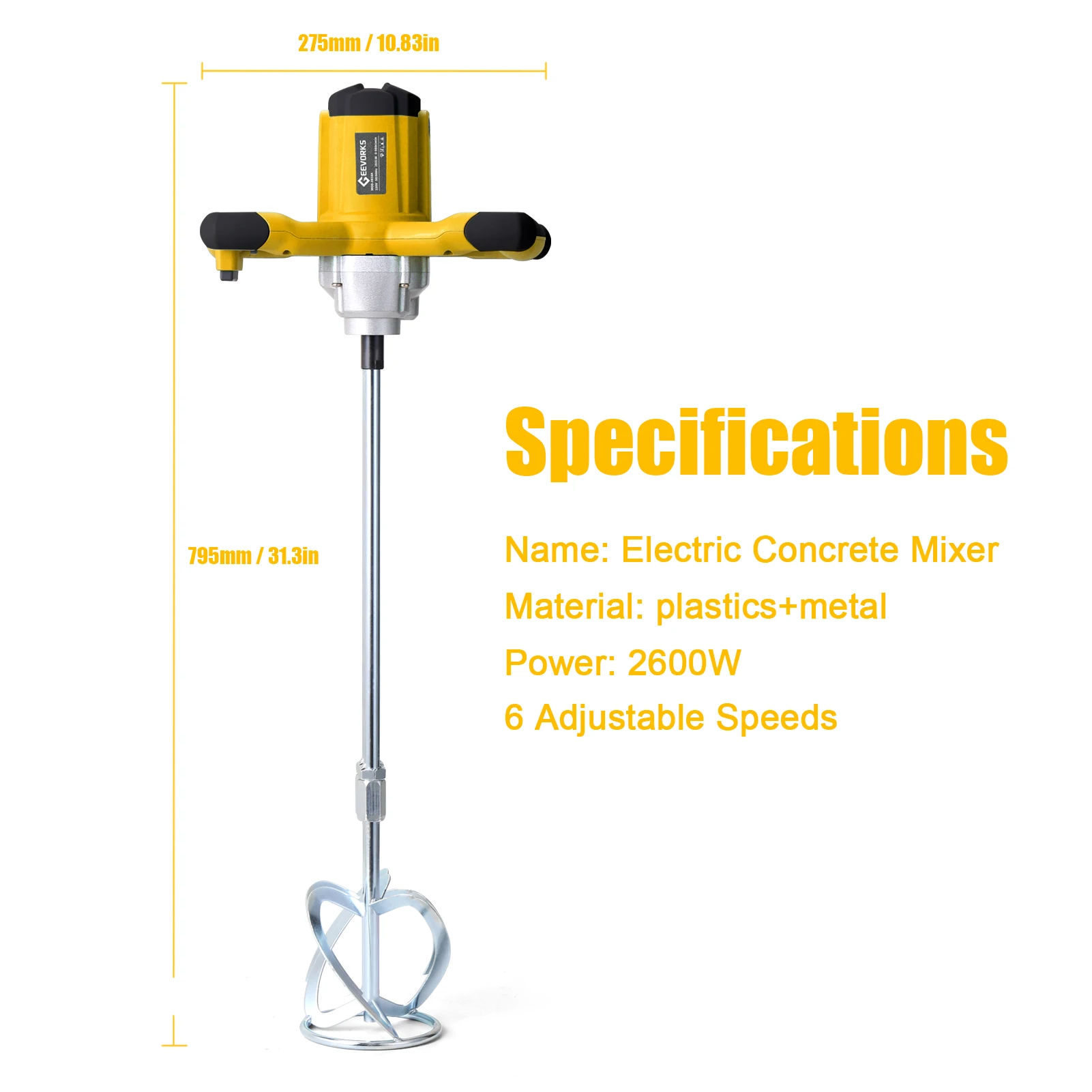 Geevorks 2600W Electric Concrete Mixer Portable Handheld Concrete Cement Mixer 6 Speeds Adjustable Mixing Machine Stirring Tool