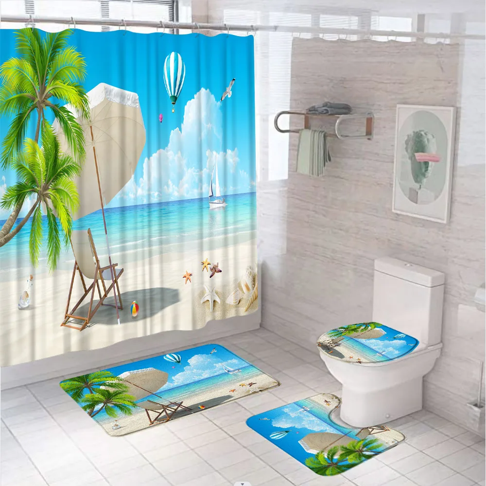 

Ocean Scenery Starfish Shower Curtain Sets Tropical Sea Palm Trees Beach Chair Bathroom Screen Bath Mat Rug Carpet Toilet Cover