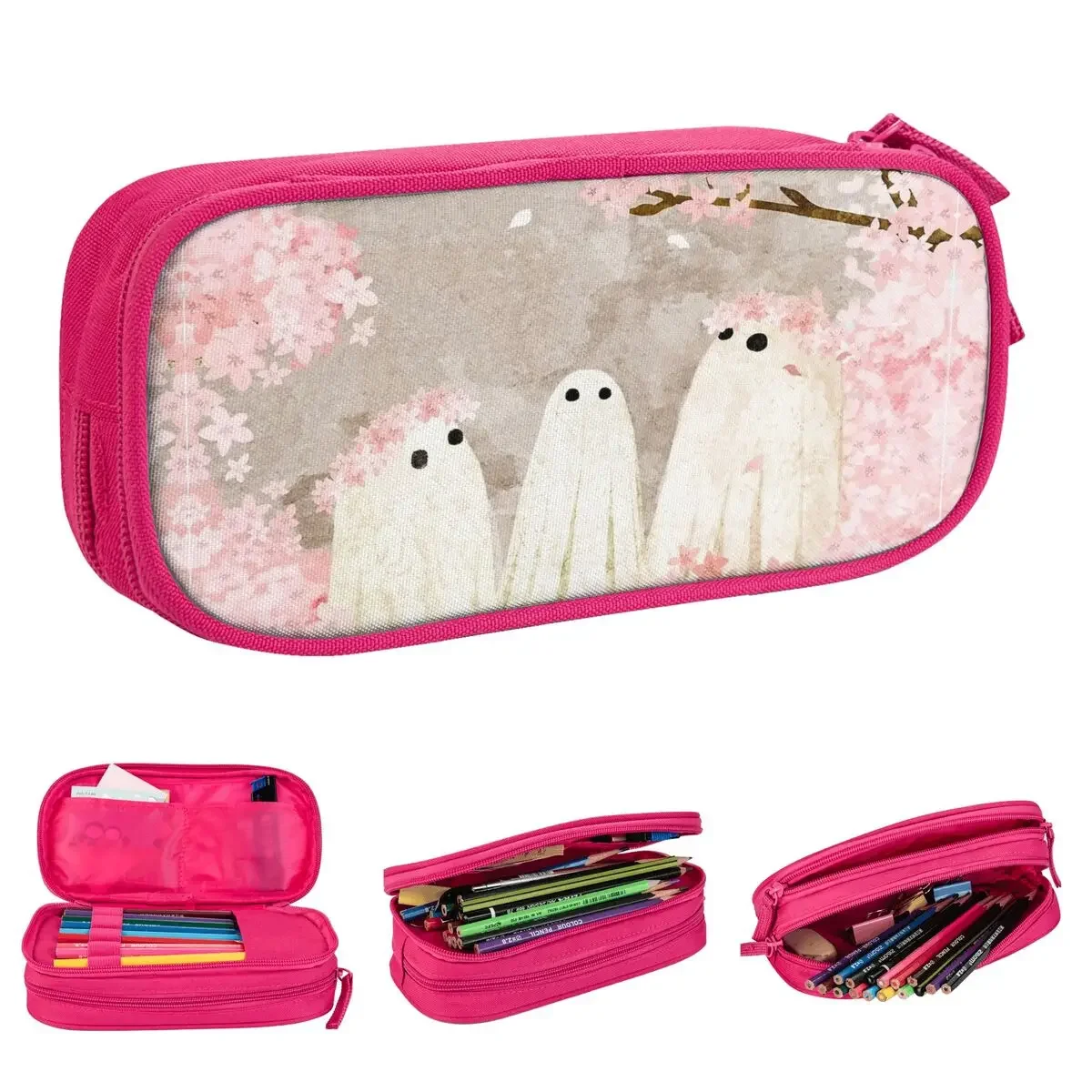 

Pink Flowers Ghost Halloween Pencil Case Classic Cherry Blossom Party Pen Bag for Student Big Students School Gift Pencilcases