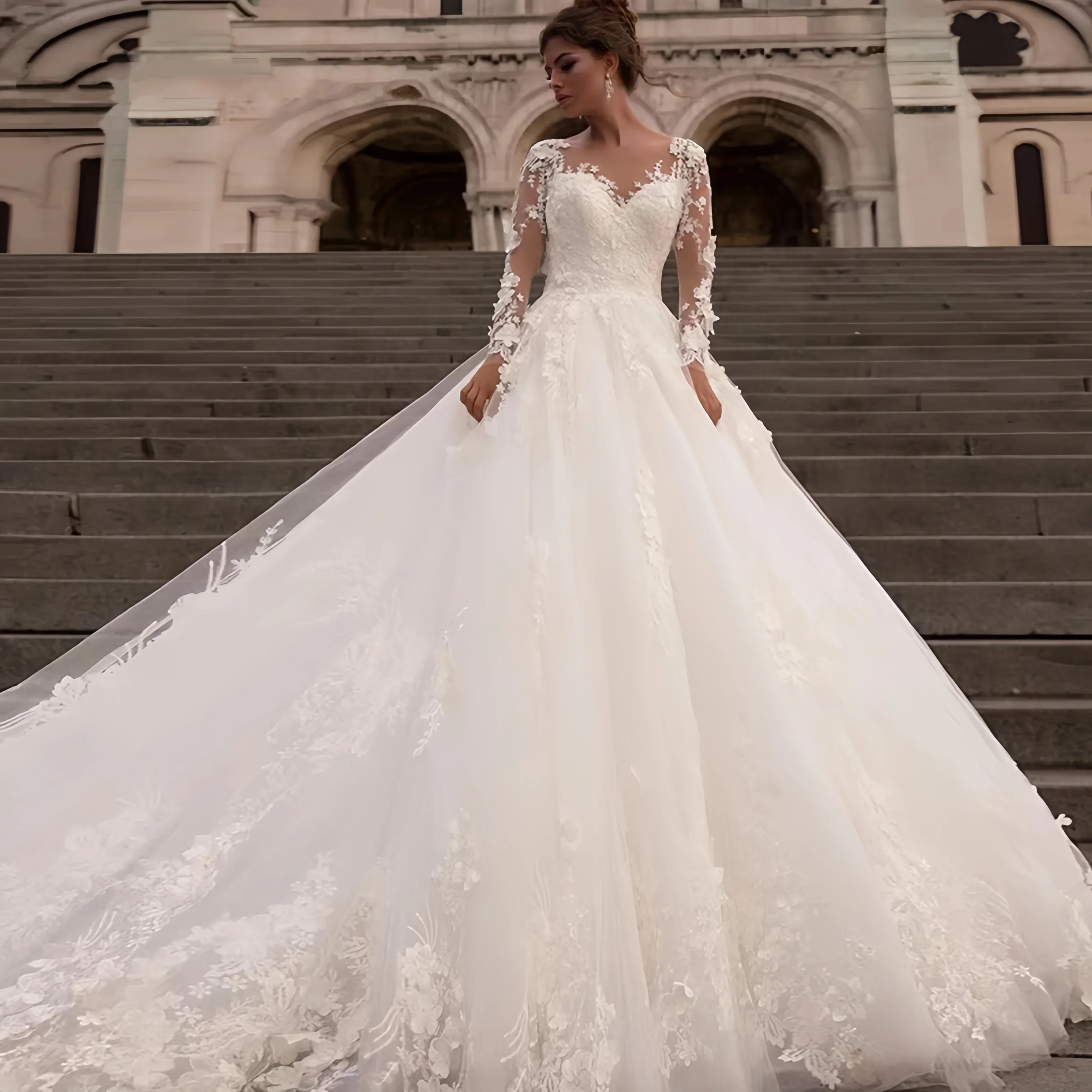 Customized Exquisite Charming Wedding Dresses Organza Embroidery Princess Ball Gown Full Sleeve Bride Backless Vestido De Novia