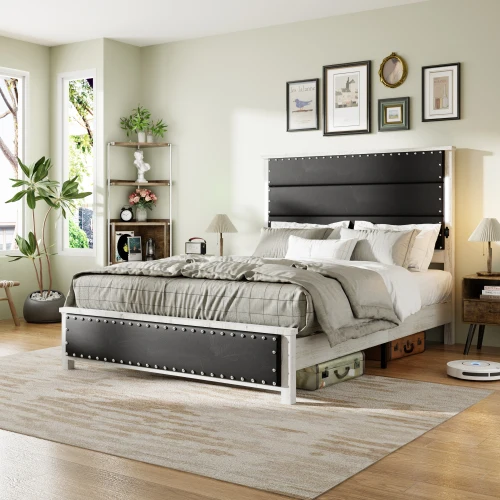 

Queen Size Bed Frame with Upholstered Headboard, Queen Bed Frame with Charging Station and LED Lights