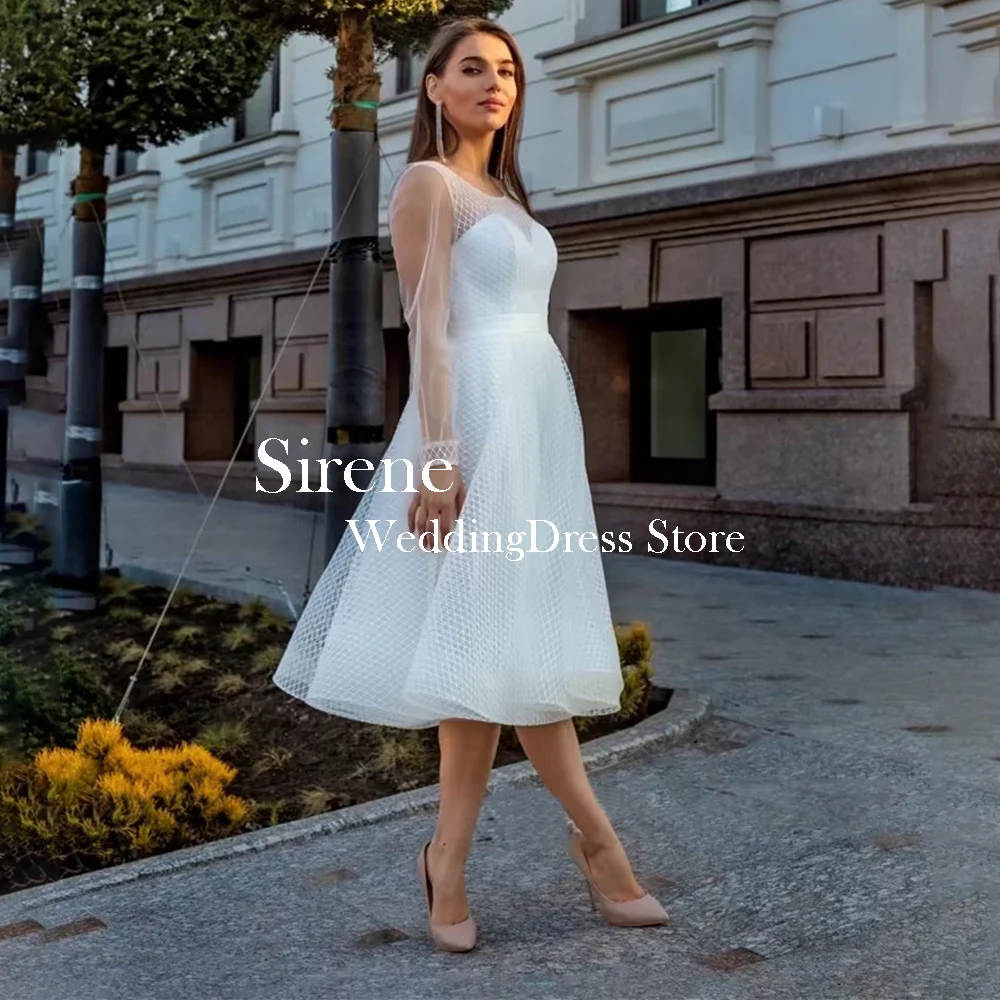 فساتين زفاف ميدي أنيقة مخصصة للنساء رقبة دائرية طول الشاي قصيرة على شكل حرف a زي العرائس Vestidos De Novias 2025 #2