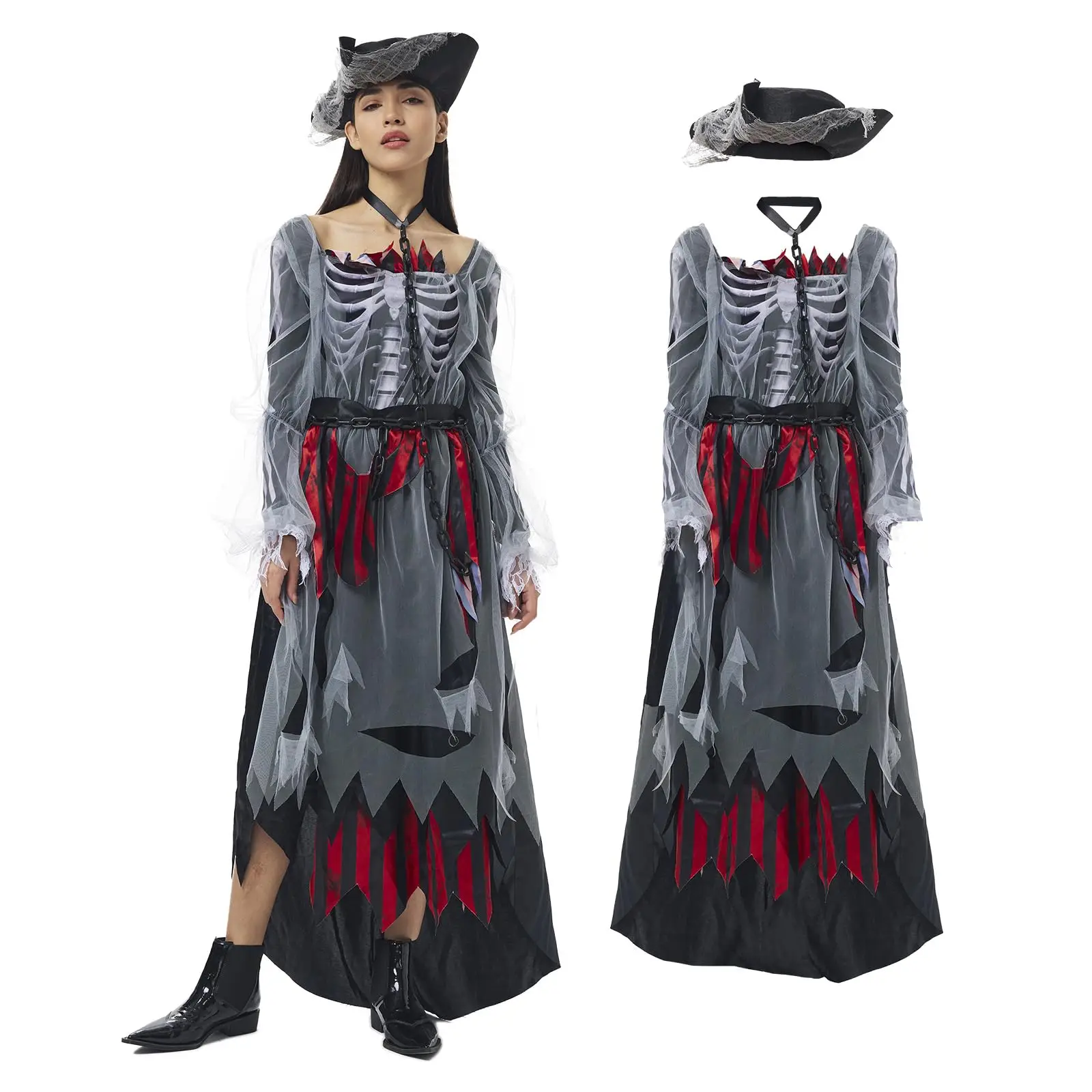 

Ghost Pirate Costume Women Skeleton Dead Outfit Zombie Sea Captain Robber Dress Hat Chain Halloween Cosplay For Adult