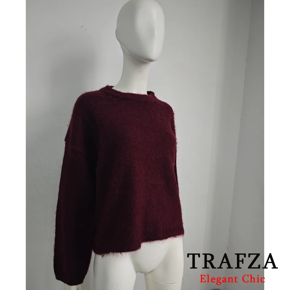 TRAFZA Women Fashion Oversized Blended Sweatshirt O-Neck Burgundy Color Loose Sweatshirt New 2024 Fall Winter Vintage Sweatshirt