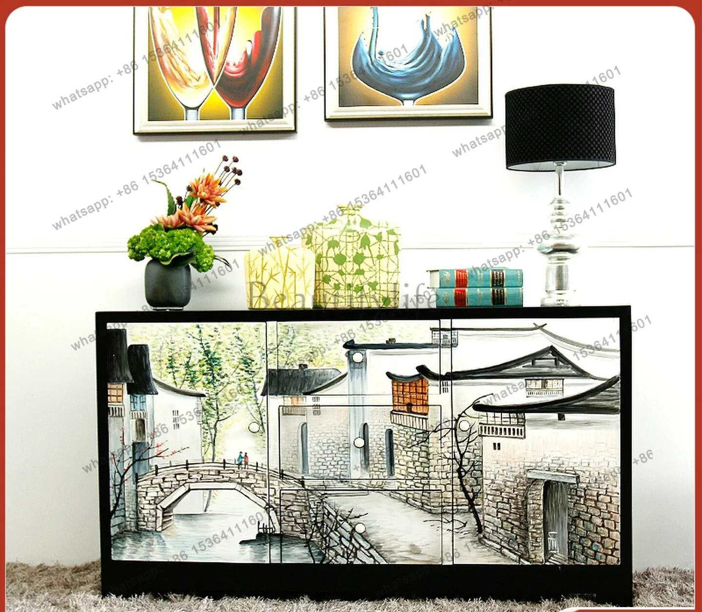 Modern new Chinese hand-painted Jiangnan water town painted side cabinet Chinese style decorative cabinet