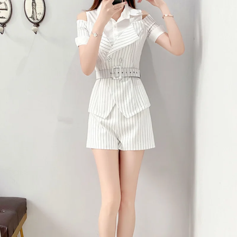 Summer Fashion 2024 Female Shorts New Women\'s Short Sets 2 Pieces Stripes Korean Style Promotion Novelty In Casual Complete Two