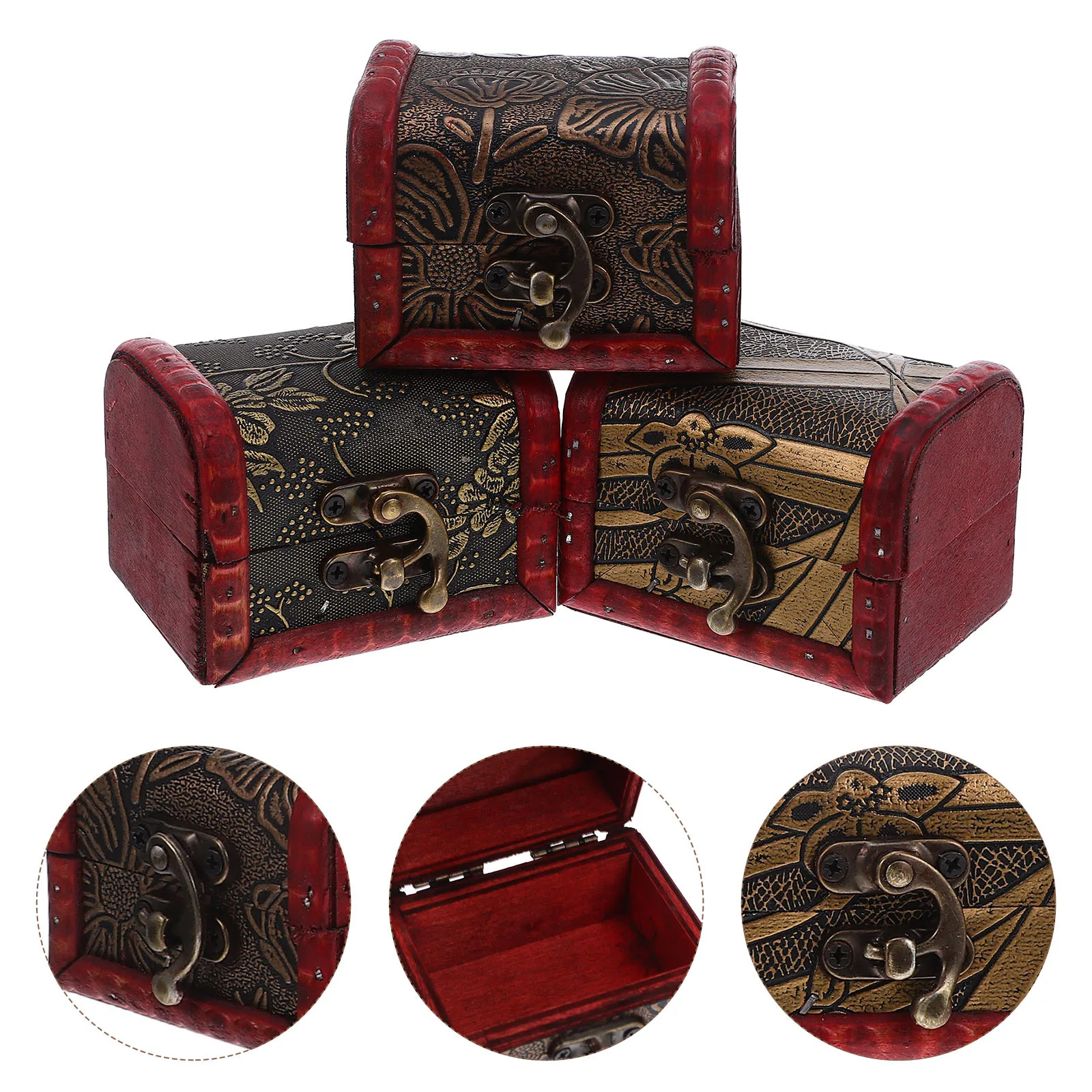 

3Pcs Wood Treasure Chest Box Vintage Jewelry Storage Organizer Lid Hasp Retro Keepsake Case for Rings Earrings Trinkets