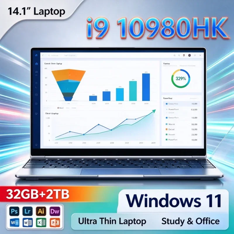 14.1'' FHD Ultra Thin Notebook Intel I9 10980HK 32GB RAM 1TB 2TB SSD Windows11 Lightweight Laptop For Gaming Daily Office Use