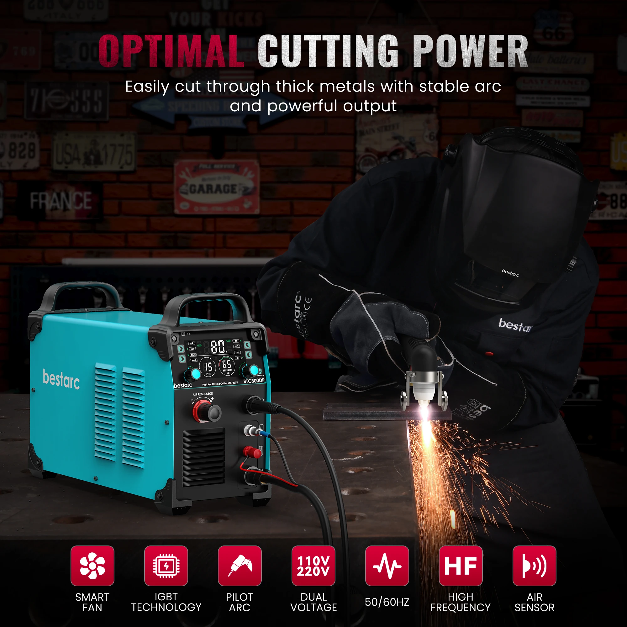 bestarc Plasma Cutter, Pilot Arc BTC800DP 9th Generation 80 Amps Screen Display 220V Single Phase Voltage Digital Plasma Cutter