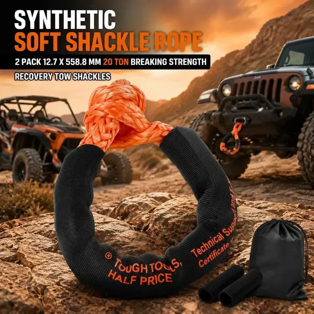 Synthetic Soft Shackle 1/2x22 in, 2 Pack Recovery Tow Shackles with Protective Sleeves and Storage Bag, 20 Ton Breaking Strength for UTV ATV Trucks Jeep Off-Road Vehicle Recovery, Orange Holiday Gift