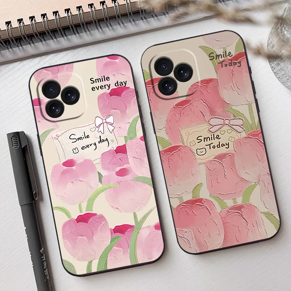 Teen Heart Pink Tulip Minimalist Small Fresh Cure Phone Case for iPhone 12 11 13 14 15 16 Max Pro Plus Black Soft Silicone Cover