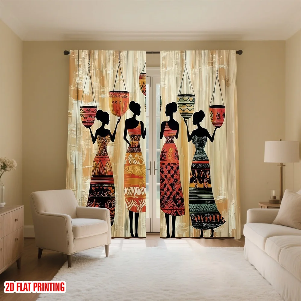 2PCS Digital Print Curtains, African Woman Basket, Tribal Ethnic