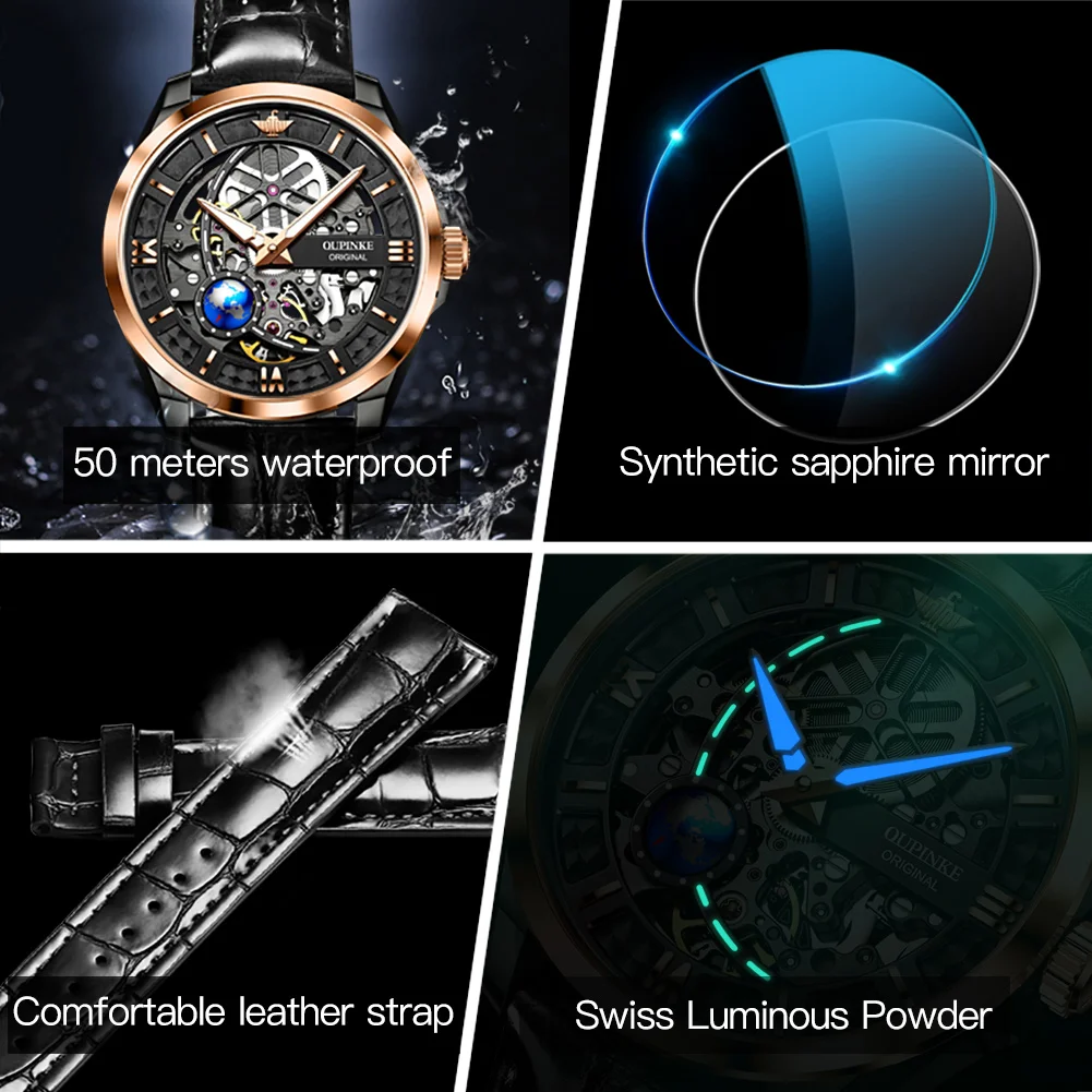 OUPINKE Luxury Brand Original Mechanical Watch for Men Full Skeleton Blue Earth High End Automatic  Wrist watch for Man Leather