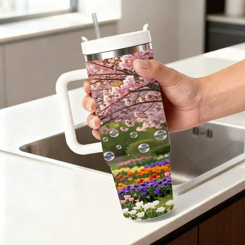 Vibrant Spring Cherry Blossom & Colorful Tulip Digital Print 40oz Stainless Steel Insulated Tumbler, Whimsical Scenery Design with Floating Bubbles, Keep Drinks Cold/Hot for Daily Use, Outdoor Trips & Office Drinks