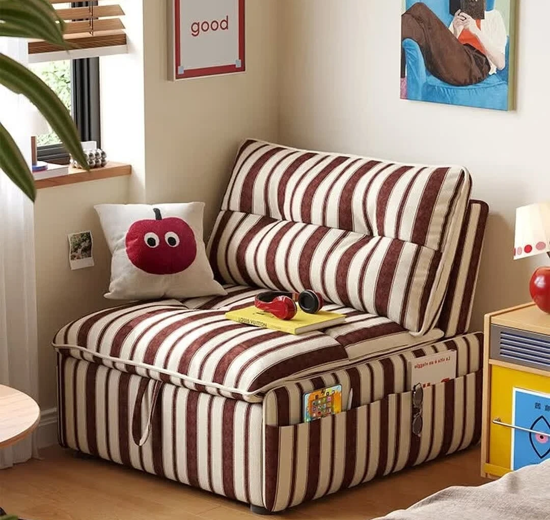 Medieval single sofa bed small apartment living room, integrated dual-use, retro stripes