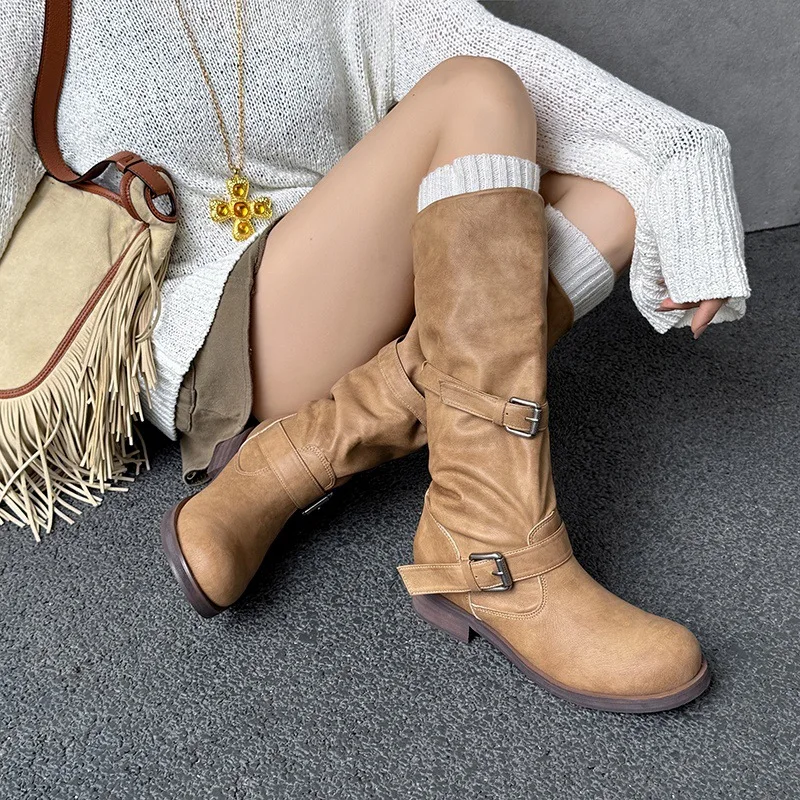 Arden Furtado Autumn Cowhide Riding Boots Round Toe Pull-On Middle Heel Knee High Boots Belt Buckle Large Size Women's Boots