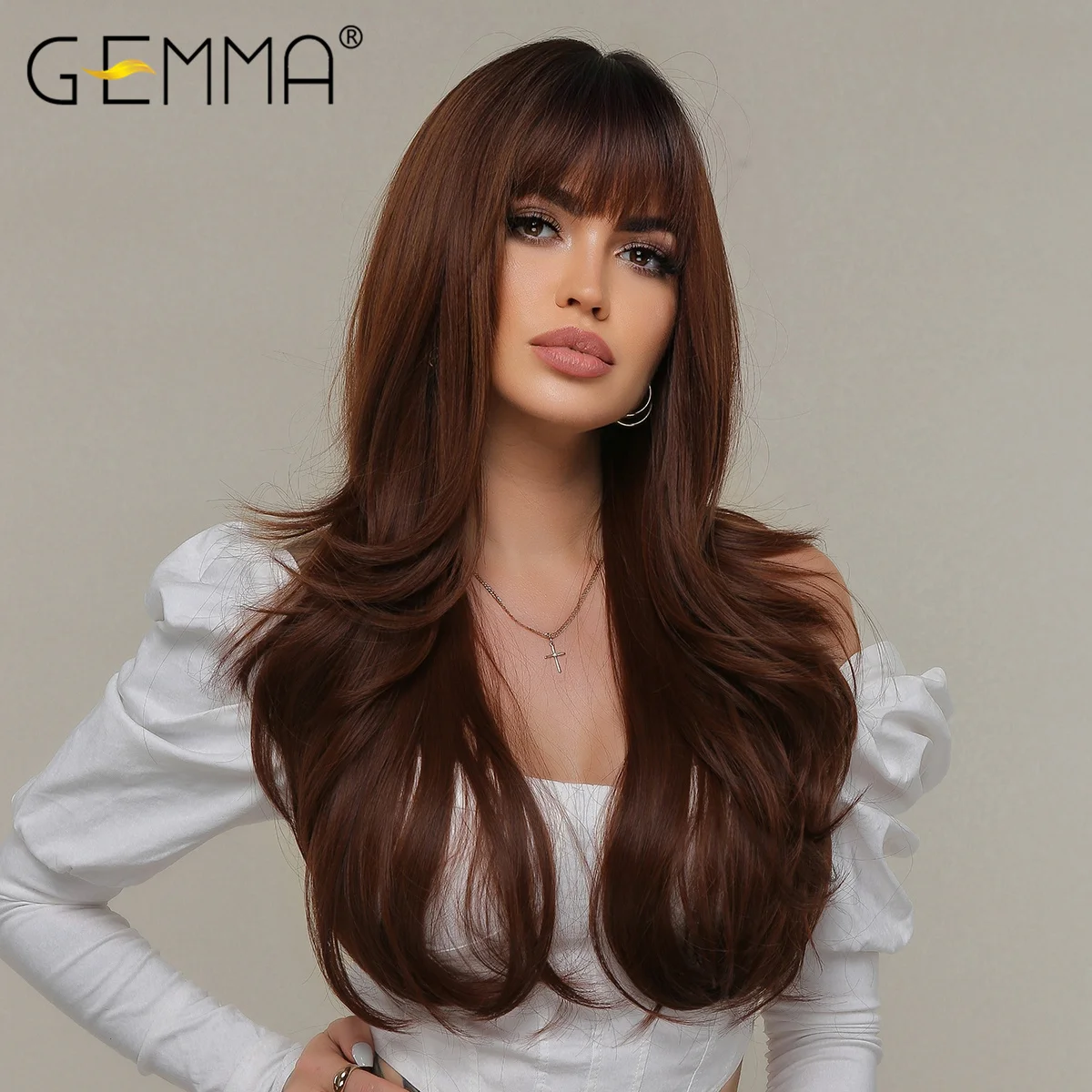 GEMMA Long Ombre Brown Wine Red Wave Synthetic Wigs with Bangs Cosplay Wavy Wig for Women High Temperature Natural Fake Hair Wig