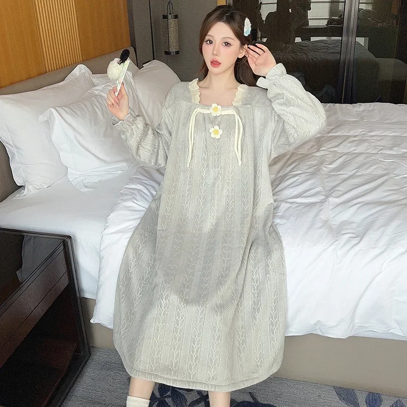 5XL Plus Size Winter Warm Nightgown Women Long Sleeve Thick Flannel Loose Nightdress Female Coral Velvet Sweet Home Sleepwear