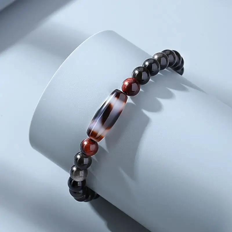 Send Boyfriend Tiger Tooth God Agate Bracelet Men's Silver Obsidian National Style Advanced Feeling Plate Bracelet