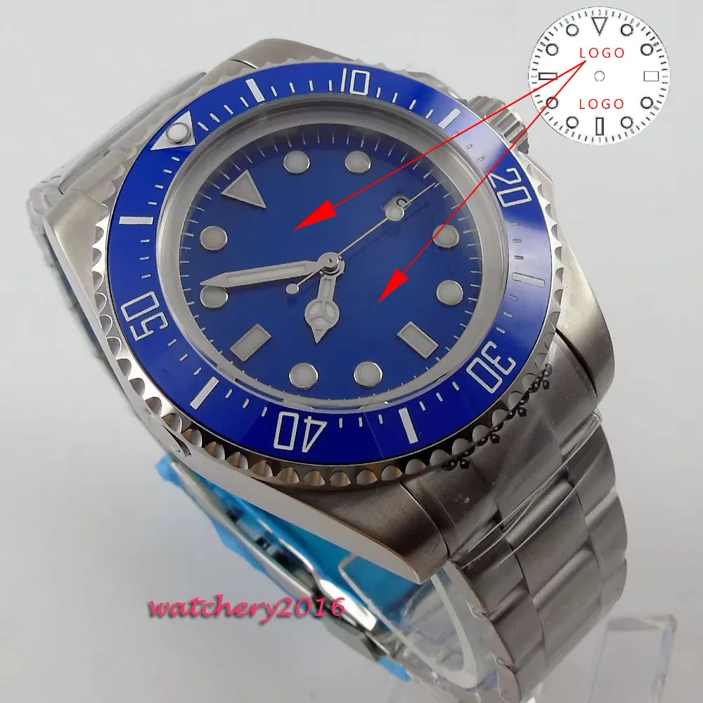 

Customized Hot styles 44mm Bliger Blue sterile dial ceramic bezel Date Crystal Luminous Hands Automatic Mechanical Men's Watch