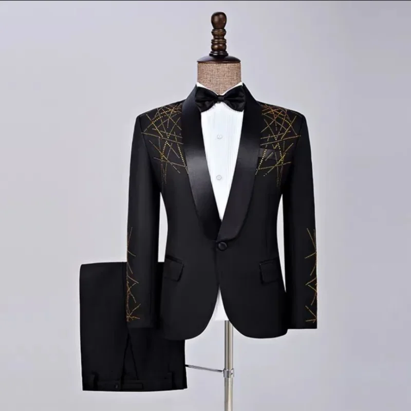 

Men Elegant Slim Fit Rhinestones Blazer And Pants Set Fashionable Wedding Host Groomsmen Singer Chorus Stage Outfit Suit