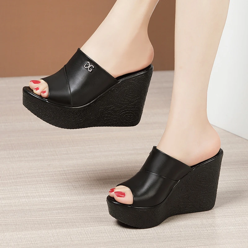 Women Wedges Slippers 2024 New Summer Fashion Open Toe Solid Color Shallow Sandals High Heels Platform Slippers Slides Women