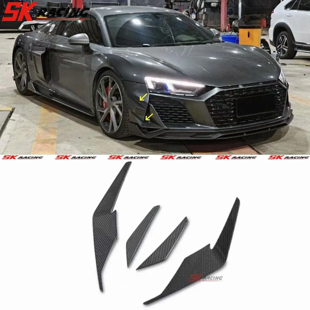 

Car Accessories Dry Carbon Fiber Front Bumper Side Canards Fins Vent Splitter For Audi R8 2020+ Bodykit