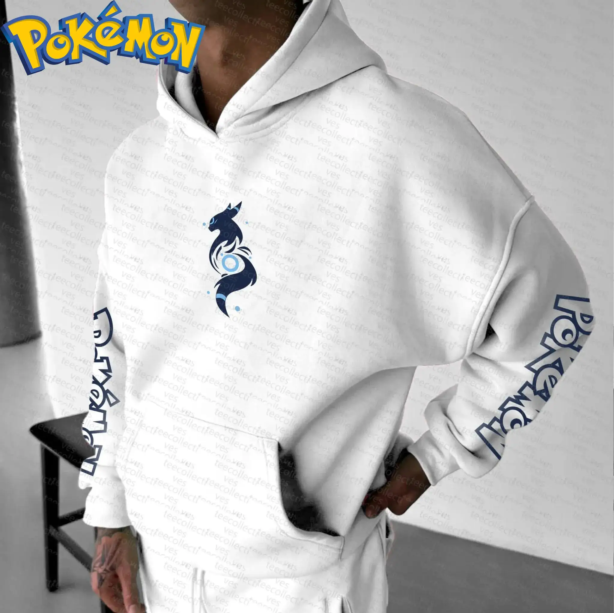 Pokemon anime algodão moletom com capuz harajuku calças conjunto branco personagem impressão com pele azul olhos amarelos estrela fumaça padrão duas peças