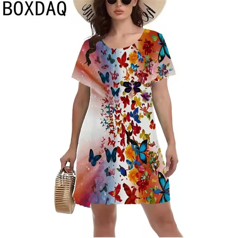 Kolorowa sukienka z nadrukiem motyla 3D Letnia sukienka z krótkim rękawem O-neck Casual A-Line Dresses Fashion Lady Beach Vacation Dress Vestidos