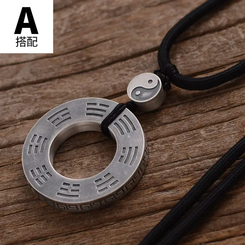 Silver-plated Tai Chi Gossip Safety Buckle Pendant Men's and Women's Retro Sterling Silver Necklace Ring Male Ornaments New 2024