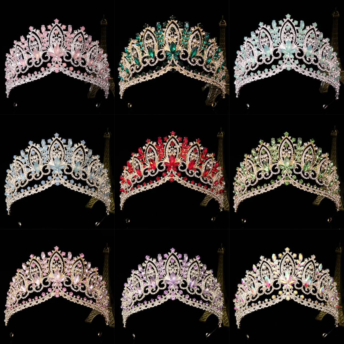 DIEZI Baroque Green Blue Pink Opal Crystal Tiara Crown Women Girls Wedding Party Elegant Luxury Rhinestone Crown Hair Jewelry