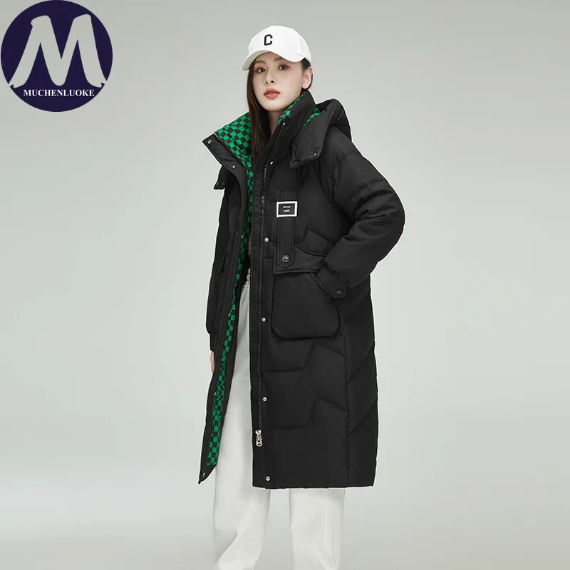 Damska kurtka zimowa 2025 elegancka z długim rękawem, kapturem, gruba, ocieplana bawełną, moda koreańska, luźna, ciepła parka