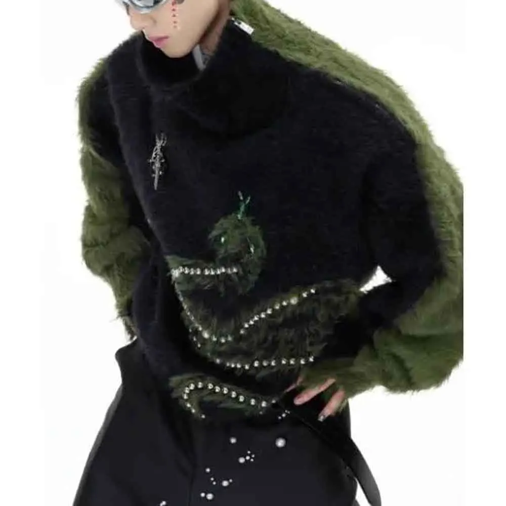 Мужской осенний свитер с цветными блоками, свитер с жемчугом в виде змеи, трикотаж, уличная одежда, модный молодежный универсальный топ, мужская одежда 2025